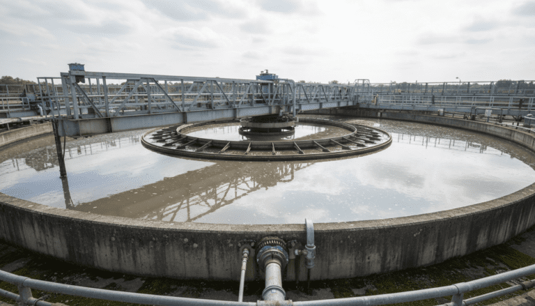 Documentary photographic style, close-up shot of a primary clarifier at a modern wastewater treatment plant, showing the large circular tank with a rotating mechanism,