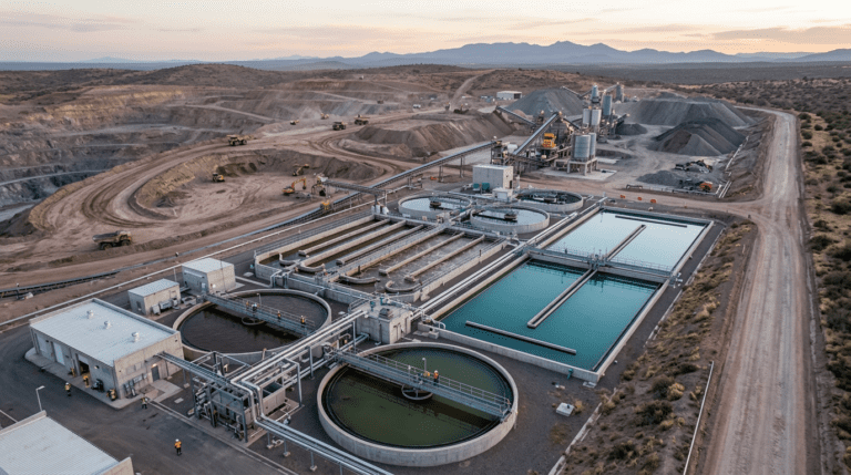 aerial photograph of a modern industrial wastewater treatment plant adjacent to a large mining site, taken in soft late-afternoon light.