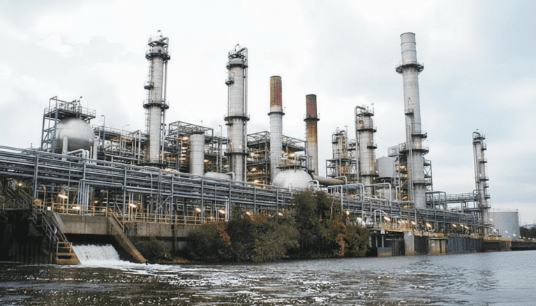 A low-angle shot of a large chemical facility with numerous pipes, towers, and industrial structures, situated on the bank of a river under an overcast sky. The river in the foreground shows ripples and reflections.